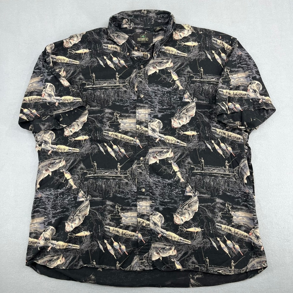 RedHead Mens XXL Fishing Bass Print Short Sleeve Button Down Shirt Black
